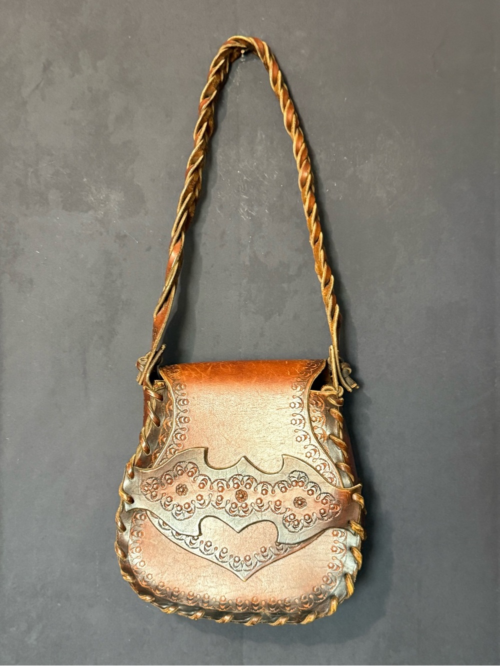 Handcrafted Brown Tooled Leather Shoulder Bag